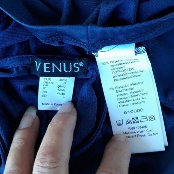 Venus Dress Sleeveless Draped Cowl Neck Diagonal Side Ruched Bodycon Navy Sz S - Picture 3 of 8